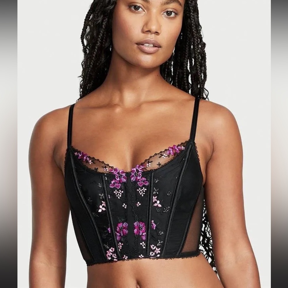 Victoria’s Secret Black Purple/Pink Embroidered Floral Mesh Fairy Corset‎ NWOT M